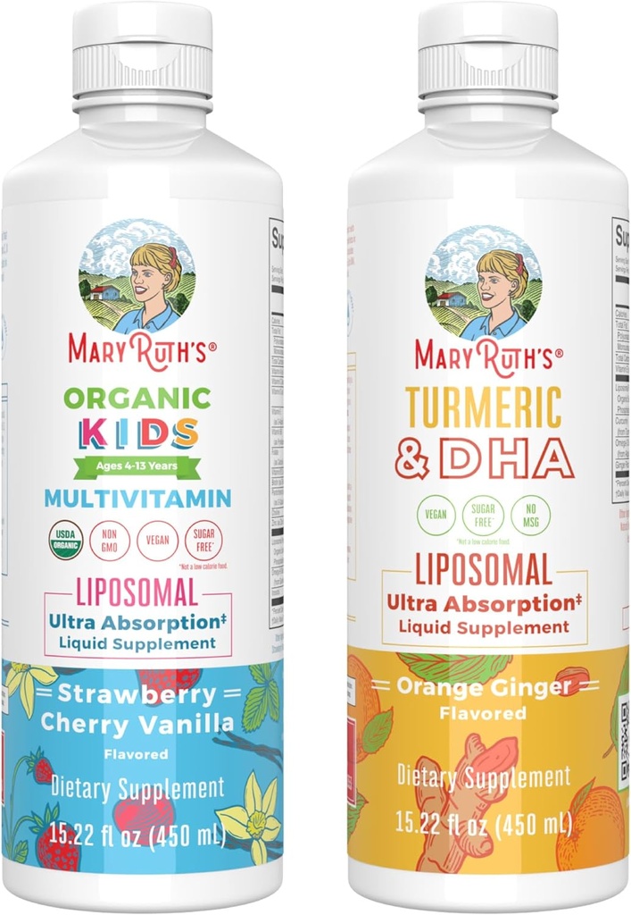 MaryRuth Organics Kids Multivitamin (Strawberry Cherry & Vanilla) & Turmeric & DHA Liposomal (Sweet Ginger) | Clean Label Project Verified® | Vitamins for Joint Health & Overall Wellness | Vegan 2