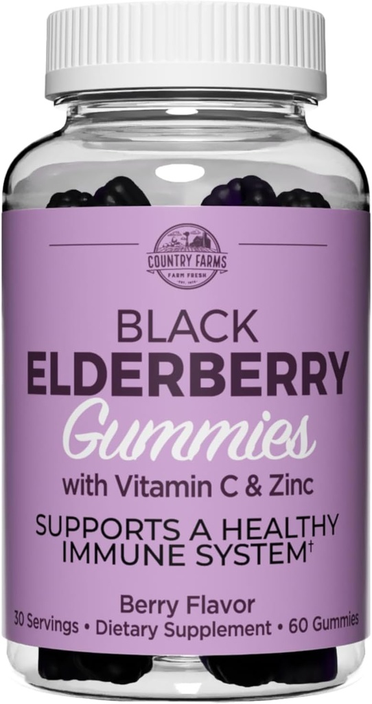 Country Farms Elderberry Gummies with Vitamin C and Zinc, Supports Healthy Immune System, Rich in Antioxidants, Triple Action Immune Blend, Berry Flavor, 60 Gummies, 30 Servings 2