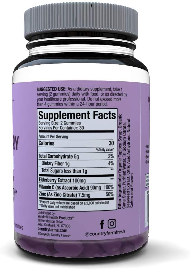 Country Farms Elderberry Gummies with Vitamin C and Zinc, Supports Healthy Immune System, Rich in Antioxidants, Triple Action Immune Blend, Berry Flavor, 60 Gummies, 30 Servings 3