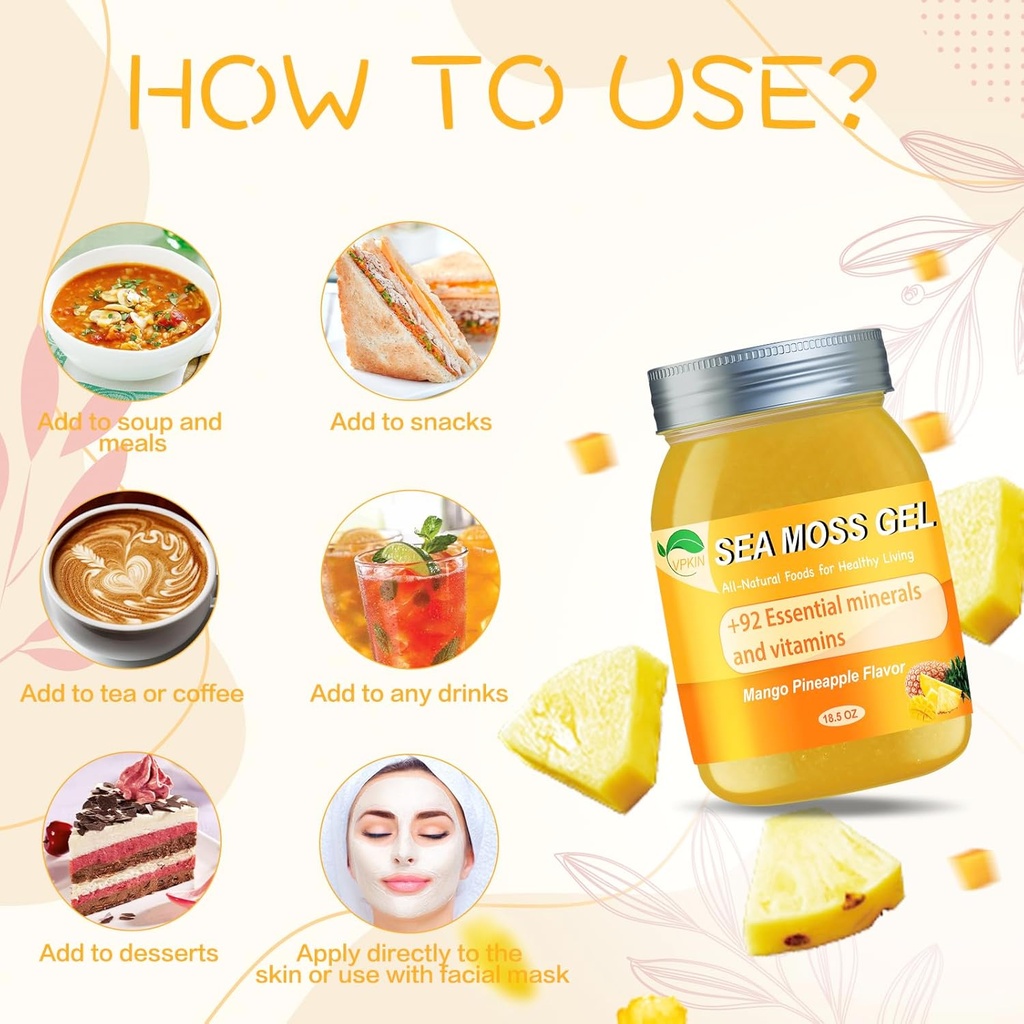 Sea Moss Gel,Irish Sea Moss Raw Organic,Sea Moss Supplement Advanced for Immune & Metabolism Support(Mango Pineapple,18.5OZ) 6