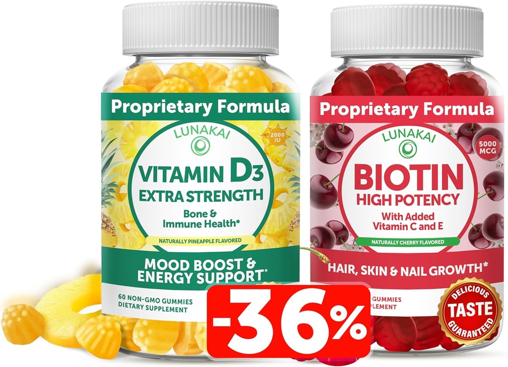Lunakai Biotin and Vitamin D3 Gummies Bundle - Hair Skin and Nails Growth Gummies with Vitamin C and E - Immunity, Bone and Mood Support Supplement - 30 Days Supply 2