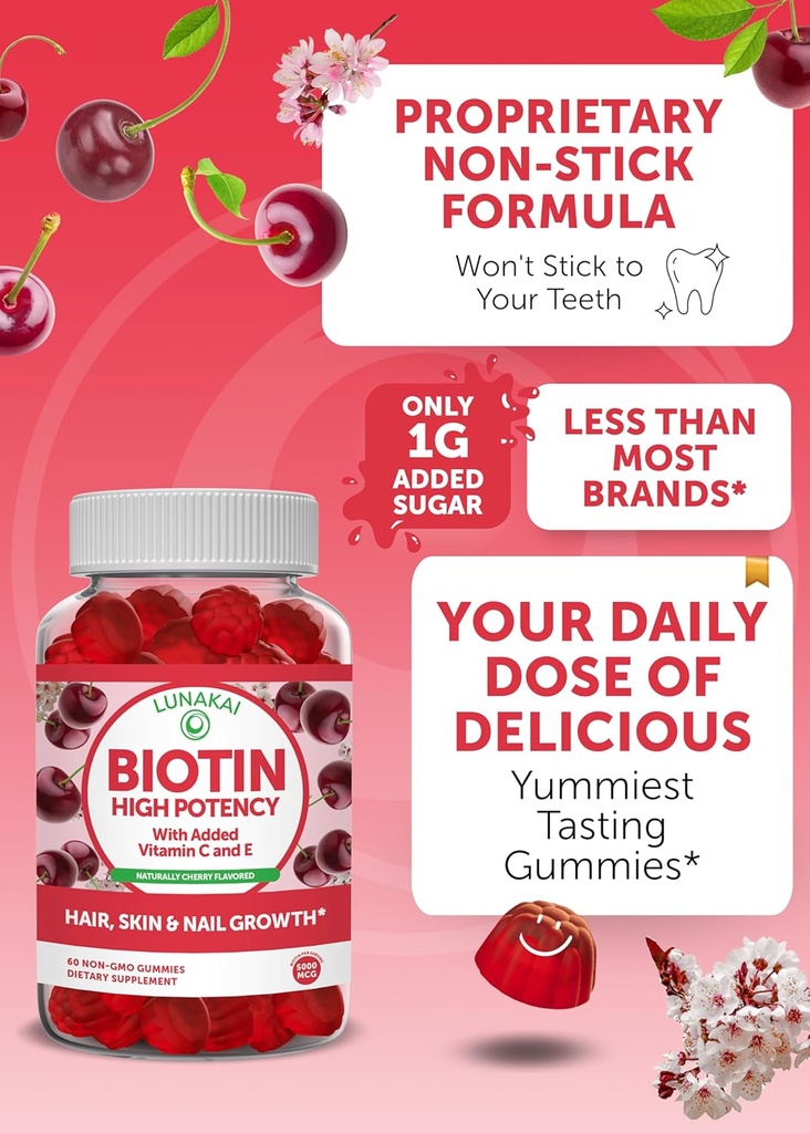 Lunakai Biotin and Vitamin D3 Gummies Bundle - Hair Skin and Nails Growth Gummies with Vitamin C and E - Immunity, Bone and Mood Support Supplement - 30 Days Supply 5
