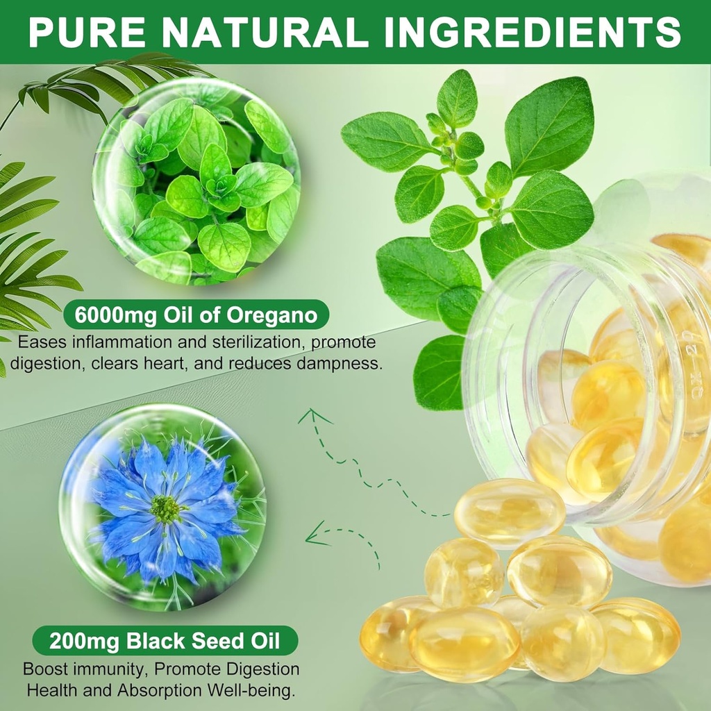 Oil of Oregano with Black Seed Oil, 6000mg Oregano Oil Capsules Organic Natural Carvacrol & Thymoquinone, Immune Digestive Support, Non-GMO, Gluten Free, 120 Count 4
