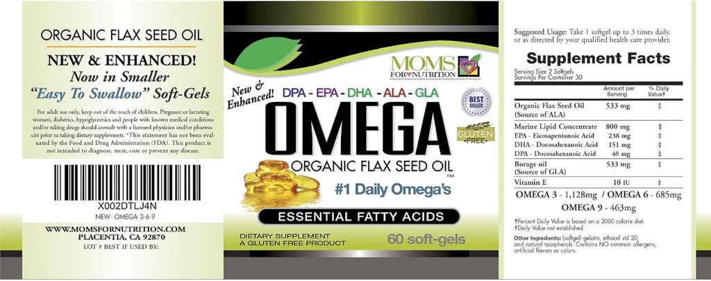 Natural Omega 3-6-9 Blend with DPA, EPA, DHA, ALA and GLA and Organic Flax Seed Oil Plus Wild Caught Natural Fish Oil - Over 2,800 Milligram Strength - Gluten Free - Made in The USA - 60 SoftGels 5