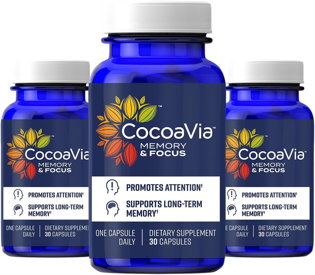 CocoaVia Memory & Focus Brain Supplement, 90 Day, Cocoa Flavanol Blend, Lutein, Added Caffeine for Boost. Improve Cognitive Function, Attention, Vegan & Plant Based, 90 Capsules 2