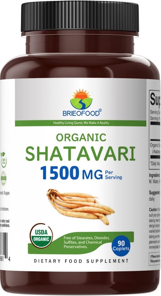 Brieofood Organic Shatavari 1500mg, 45 Servings, Vegetarian, Gluten Free, 90 Vegetarian Tablets 3