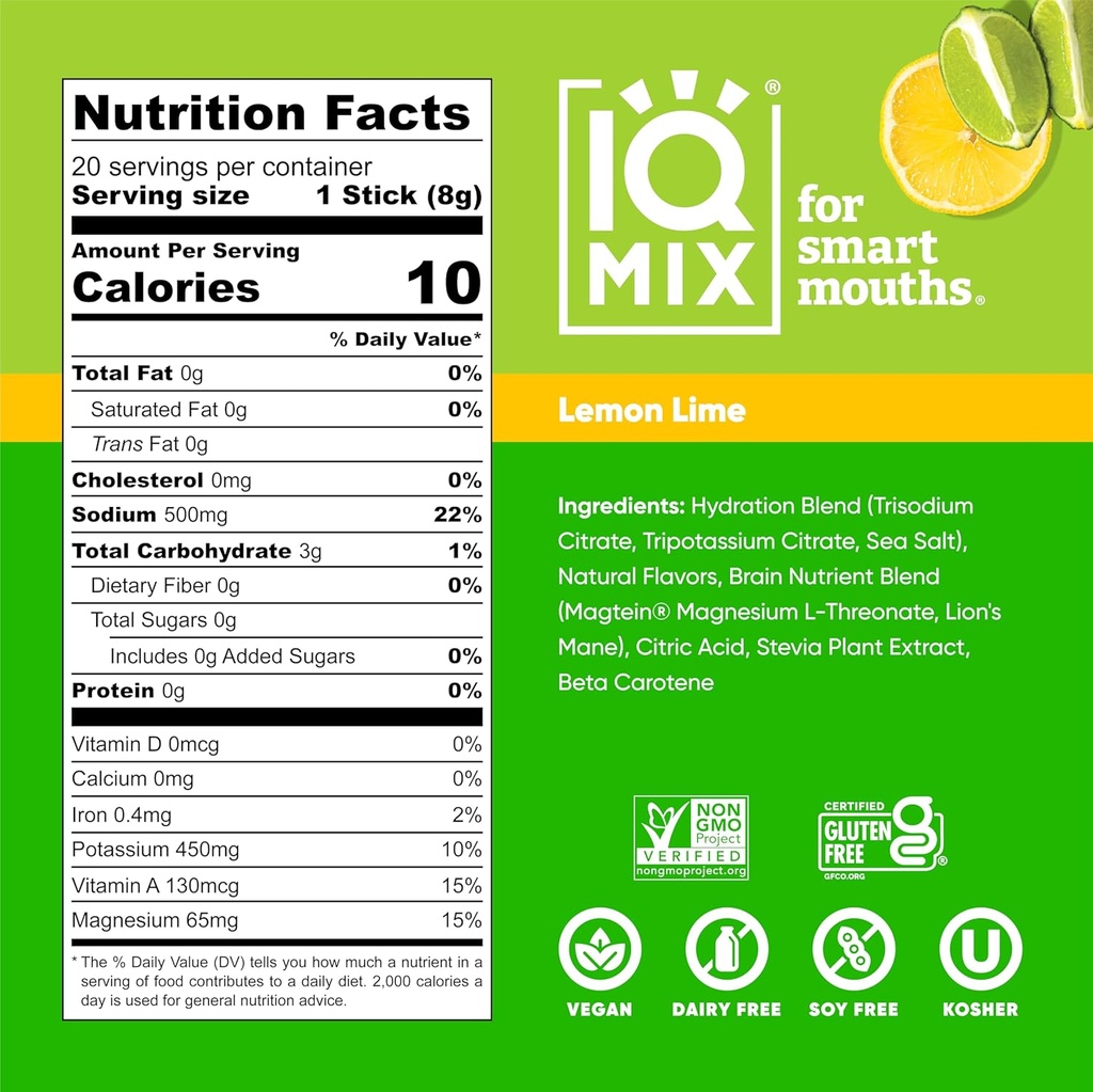IQMIX Hydration Electrolyte Powder – 4-in-1 Formula for Hydration, Mental Clarity, Mood and Recovery – Sugar-Free Drink Mix, Keto, Magnesium L-Threonate, Lion’s Mane – 20 Count Lemon Lime 4