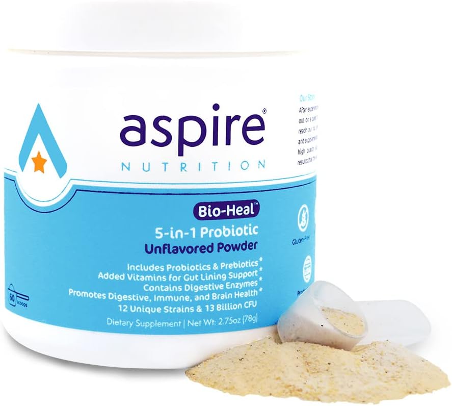 Aspire Nutrition 5-in-1 Bio-Heal® Probiotic for Kids, Men & Women - Best Supplement for Brain Function, Gut Health & Constipation - Shelf Stable & Fortified with Vitamin, Mineral & Prebiotics - Powder 2