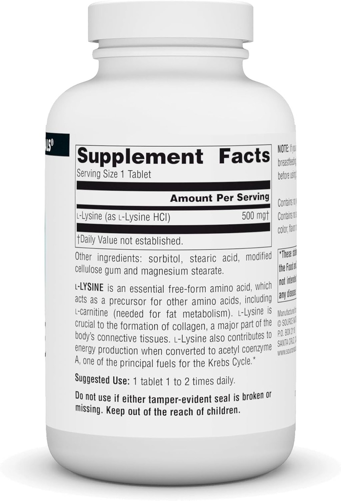 Source Naturals L-Lysine 500 mg Free Form - Amino Acid Supplement Supports Energy & Formation of Collagen* - 250 Tablets 3