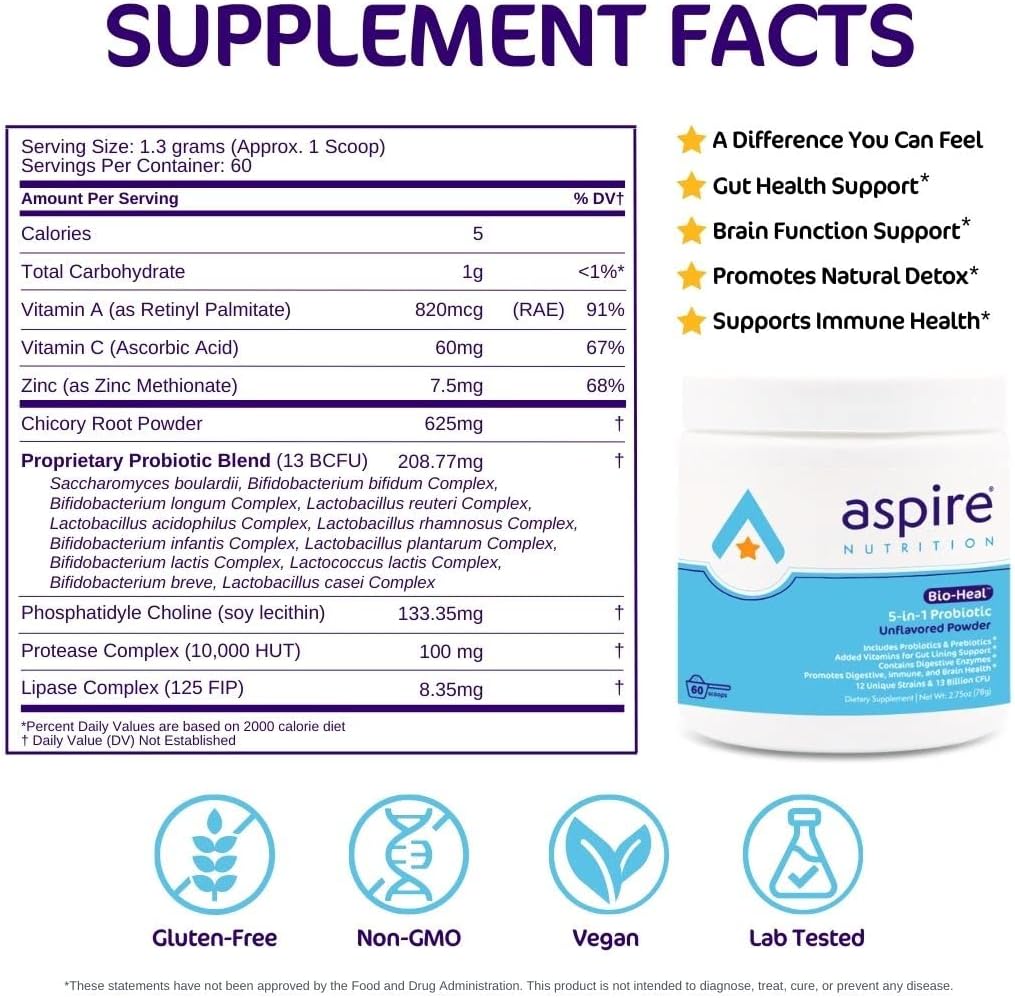 Aspire Nutrition 5-in-1 Bio-Heal® Probiotic for Kids, Men & Women - Best Supplement for Brain Function, Gut Health & Constipation - Shelf Stable & Fortified with Vitamin, Mineral & Prebiotics - Powder 3