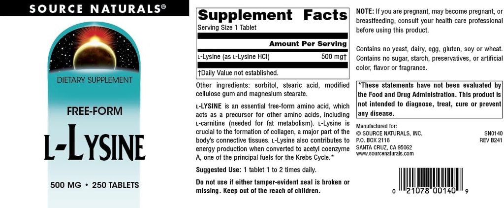 Source Naturals L-Lysine 500 mg Free Form - Amino Acid Supplement Supports Energy & Formation of Collagen* - 250 Tablets 5