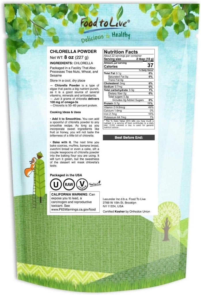Food to Live Chlorella Powder, 8 Ounces - Kosher, Raw Green Algae, Vegan Superfood, Bulk, Pure Vegan Green Protein, Rich in Vitamins and Minerals, Great for Drinks, Teas and Smoothies 3