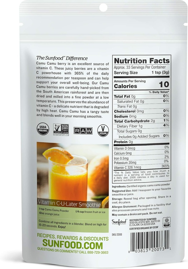 Sunfood Superfoods Raw Organic Camu Camu Powder - Camu Camu Powder Organic, Camu Camu Berry Vitamin C Powder for Juice and Smoothies, USDA Organic, Non GMO - 3.5 oz Bag 3