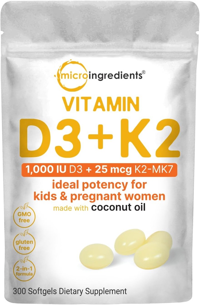 Micro Ingredients Vitamin D3 1,000 IU + K2 MK-7 25 mcg, 300 Softgels | Virgin Coconut Oil | 2-in-1 Bone, Immune & Heart Support | Easy to Swallow, Non-GMO 2
