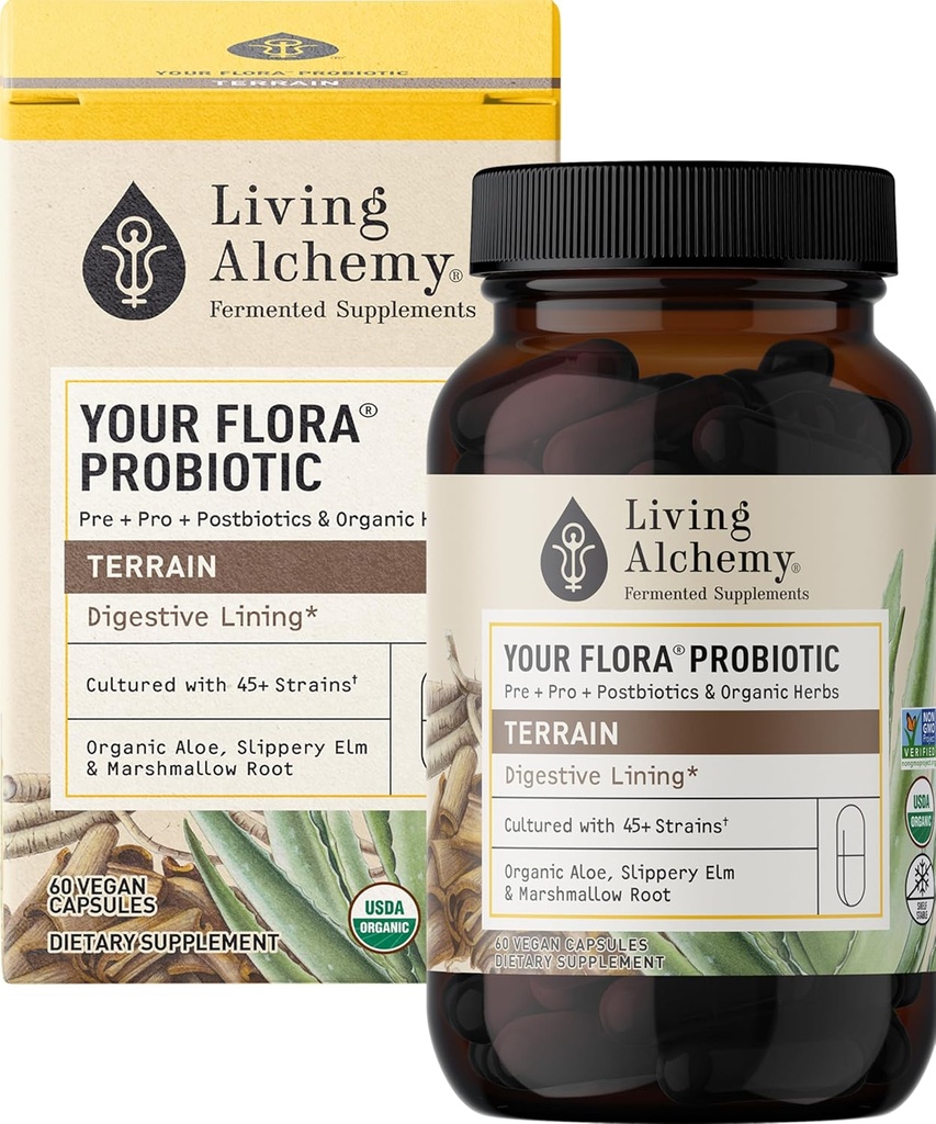 Your Flora Probiotic Terrain – Non-GMO Probiotics with Fermented Soybean, Aloe Vera, & Slippery Elm for Gut Balance & Digestion – Prebiotics, Postbiotics, Digestive Enzymes – Living Alchemy, 60 Pcs 2