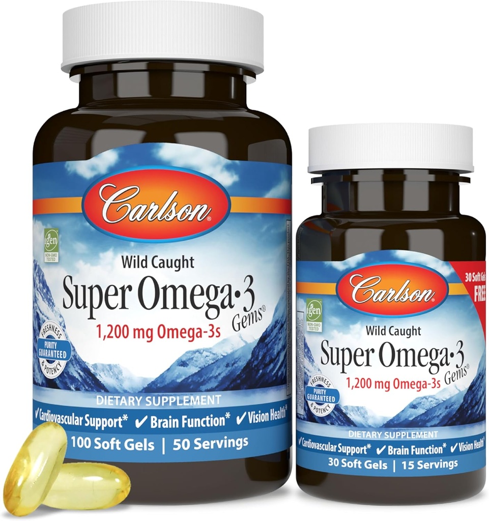 Carlson - Super Omega-3 Gems, 1200 mg Omega-3 Fatty Acids with EPA and DHA, Wild-Caught Norwegian Supplement, Sustainably Sourced Fish Oil Capsules, Omega 3 Supplements, 100+30 Softgels 2