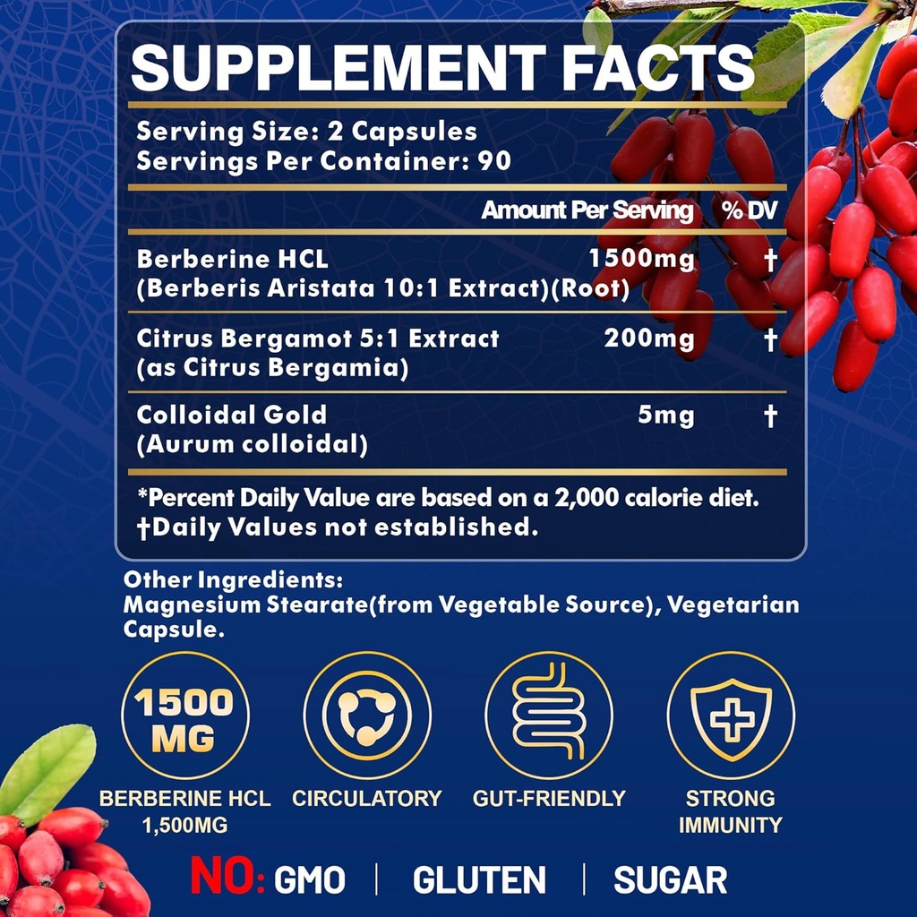 Berberine Supplement - Berberine Weight Loss, High-Potency Berberine 1500MG of Berberine HCL, Plus Citrus Bergamot - for Metabolic, Digestive, and Immune Support - Vegan, Non-GMO, 180 Capsules 4