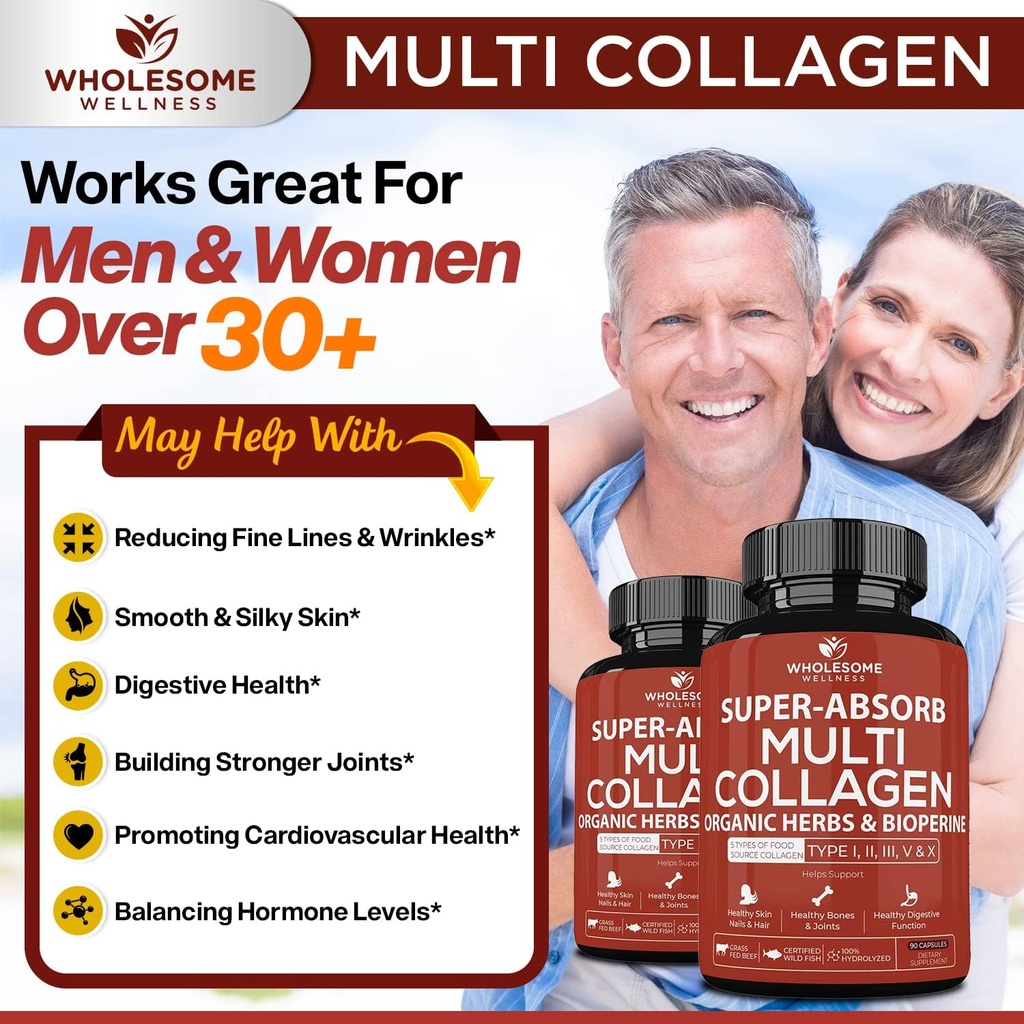 Wholesome Wellness Super-Absorb Multi Collagen Pills (Type I II III V X) Organic Herbs and Bioperine + Whole Food Multivitamin for Men - Natural Multi Vitamins, Minerals, Organic Extracts Bundle 5