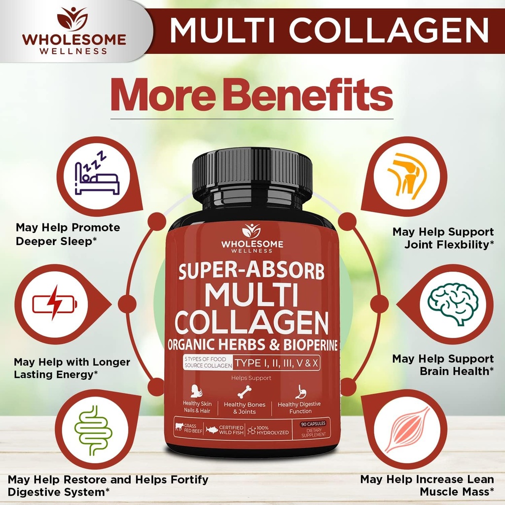 Wholesome Wellness Super-Absorb Multi Collagen Pills (Type I II III V X) Organic Herbs and Bioperine + Whole Food Multivitamin for Men - Natural Multi Vitamins, Minerals, Organic Extracts Bundle 6