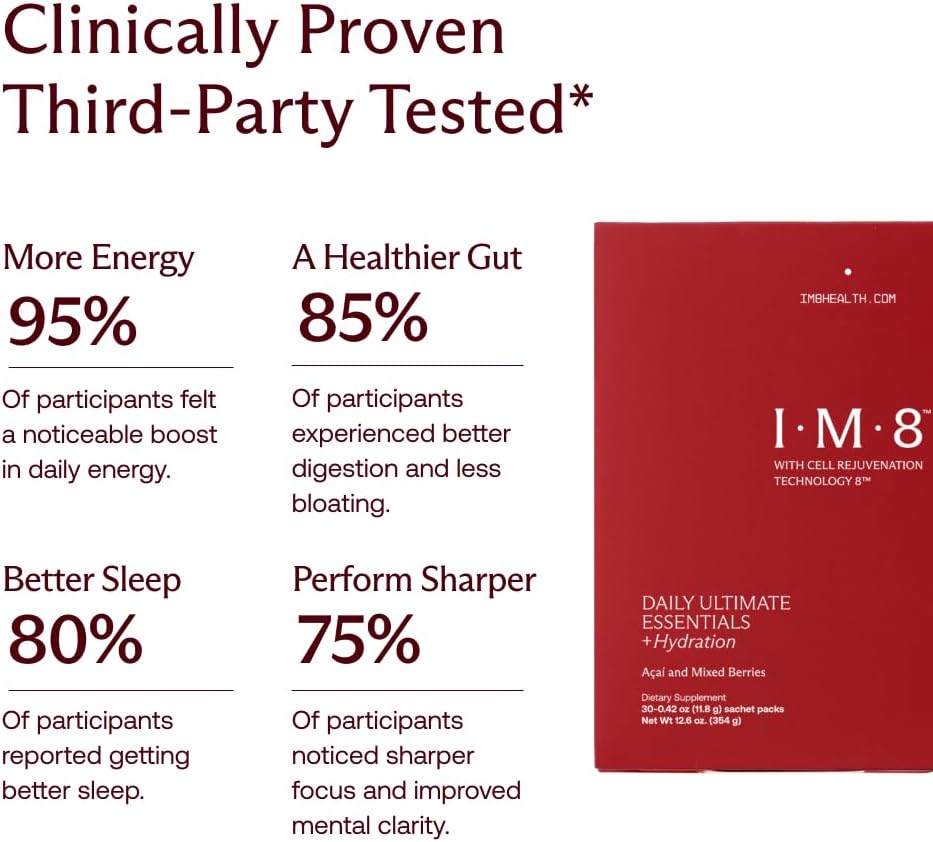 IM8 Daily Ultimate Essentials All-in-One Multivitamin Supplement, 92 Nutrient Rich Ingredients CoQ10, Probiotics, Vitamins, Greens, Gluten Free, Vegan, Acai Mixed Berry (30 Servings, Travel Packs) 3