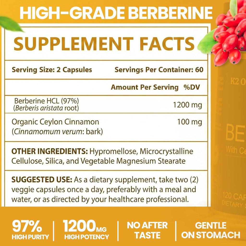 Berberine with Ceylon Cinnamon 1200mg – 97% Purity- Non-GMO, Gluten-Free, Lab-Tested Vegan Berberine Supplement (120 Count) 3