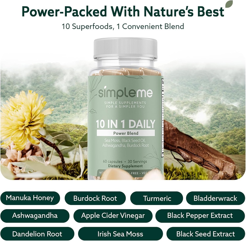 Burdock Root Organic and Bladderwrack 10 in 1 Immunity Booster Power Blend with Irish Sea Moss, Ashwagandha and Black Seed Supplement for Men and Women, Seamoss Pills Herbal, Vegan - 60 Capsules 4