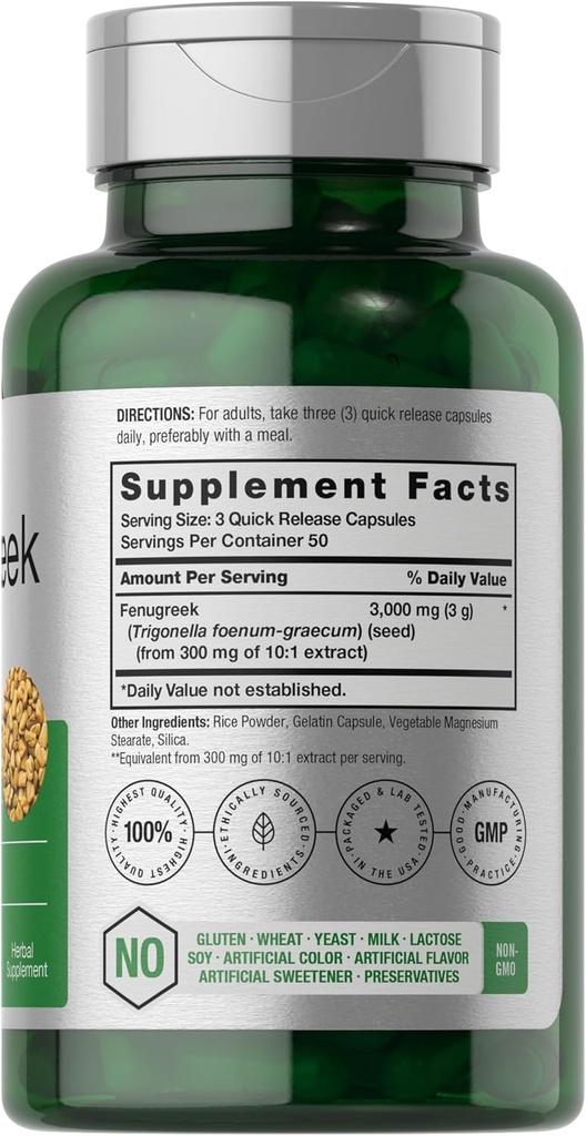 Horbäach Fenugreek Capsules 3000 mg | 150 Count | Non-GMO & Gluten Free Extract | Fenugreek Seeds 3