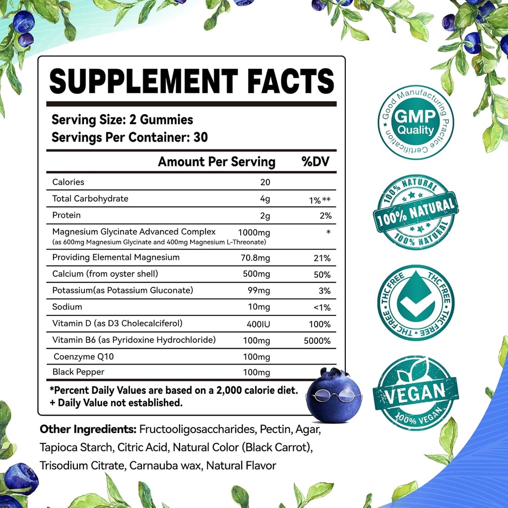 Magnesium Glycinate Gummies 1000mg - Sugar Free Magnesium Potassium Supplement with Vitamin D, B6, CoQ10 for Calm Mood & Sleep Support - 60 Blueberry Gummies 3