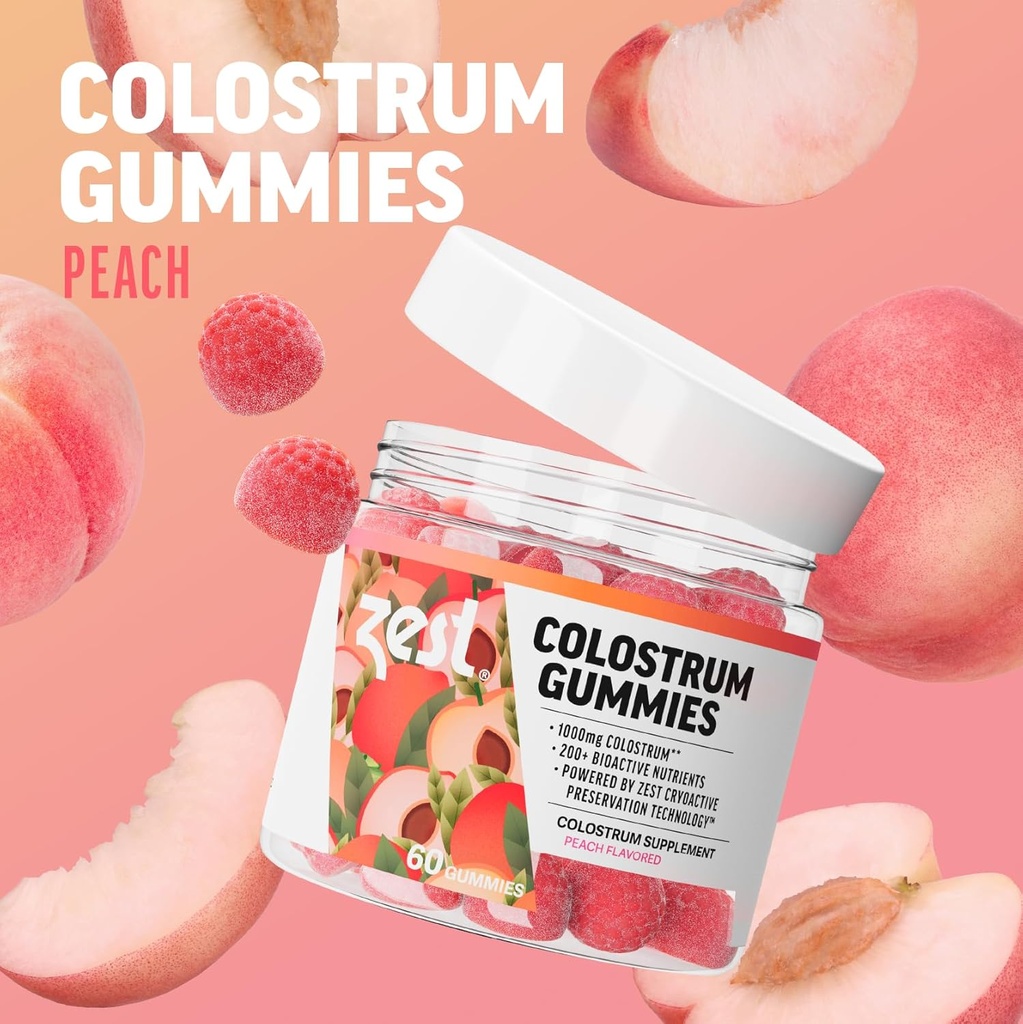Zest Colostrum Supplement Gummy Chews for Adults - Ethically Sourced High IgG for Hair Health, Gut, Immunity, Bloating, Skin & Nails - Keto & Gluten Free - Peach Flavor (60 Gummies, 1,000mg Colostrum) 3