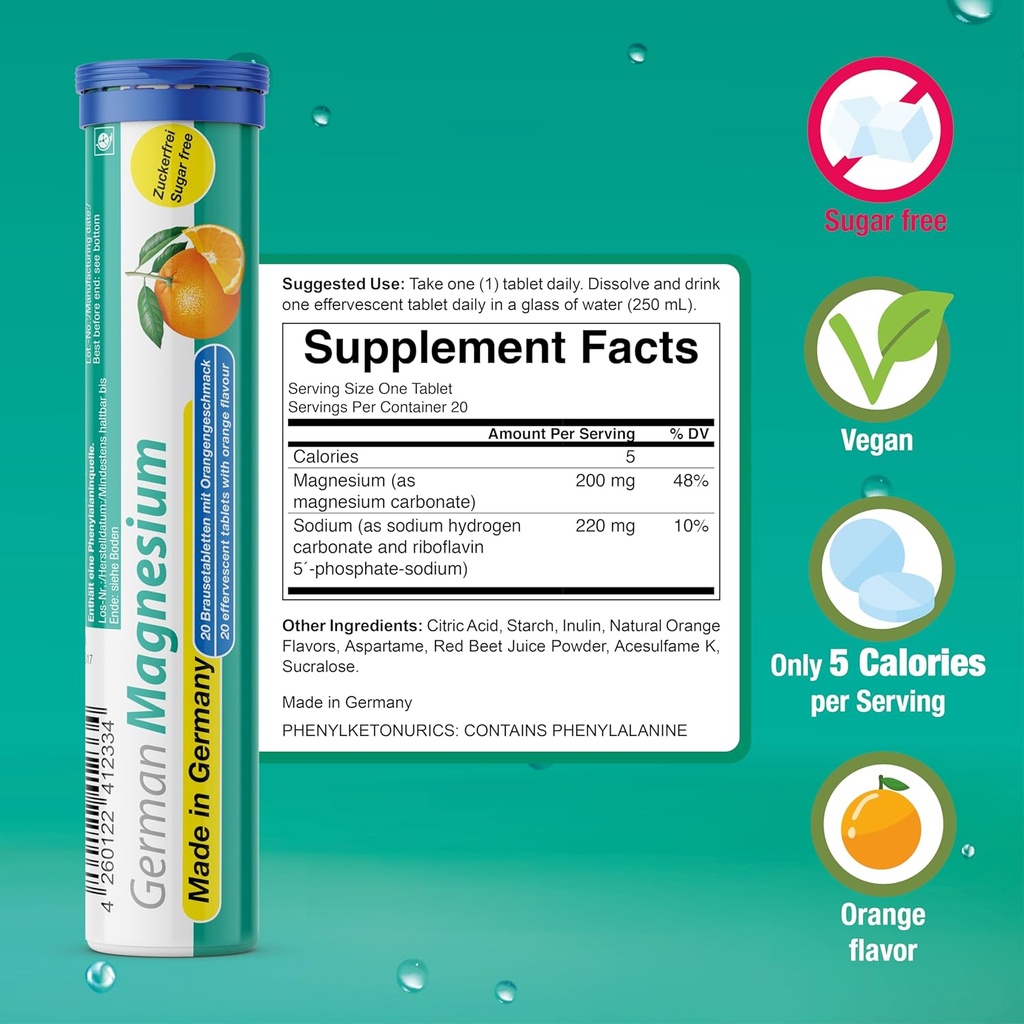 German Magnesium Oxide Supplement | Effervescent Tablets | Orange Flavor – 200 mg Magnesium per Serving | Sugar Free, Vegan – T&D Pharma – Made in Germany 4