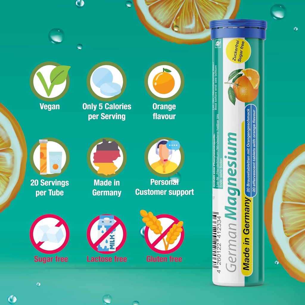 German Magnesium Oxide Supplement | Effervescent Tablets | Orange Flavor – 200 mg Magnesium per Serving | Sugar Free, Vegan – T&D Pharma – Made in Germany 6