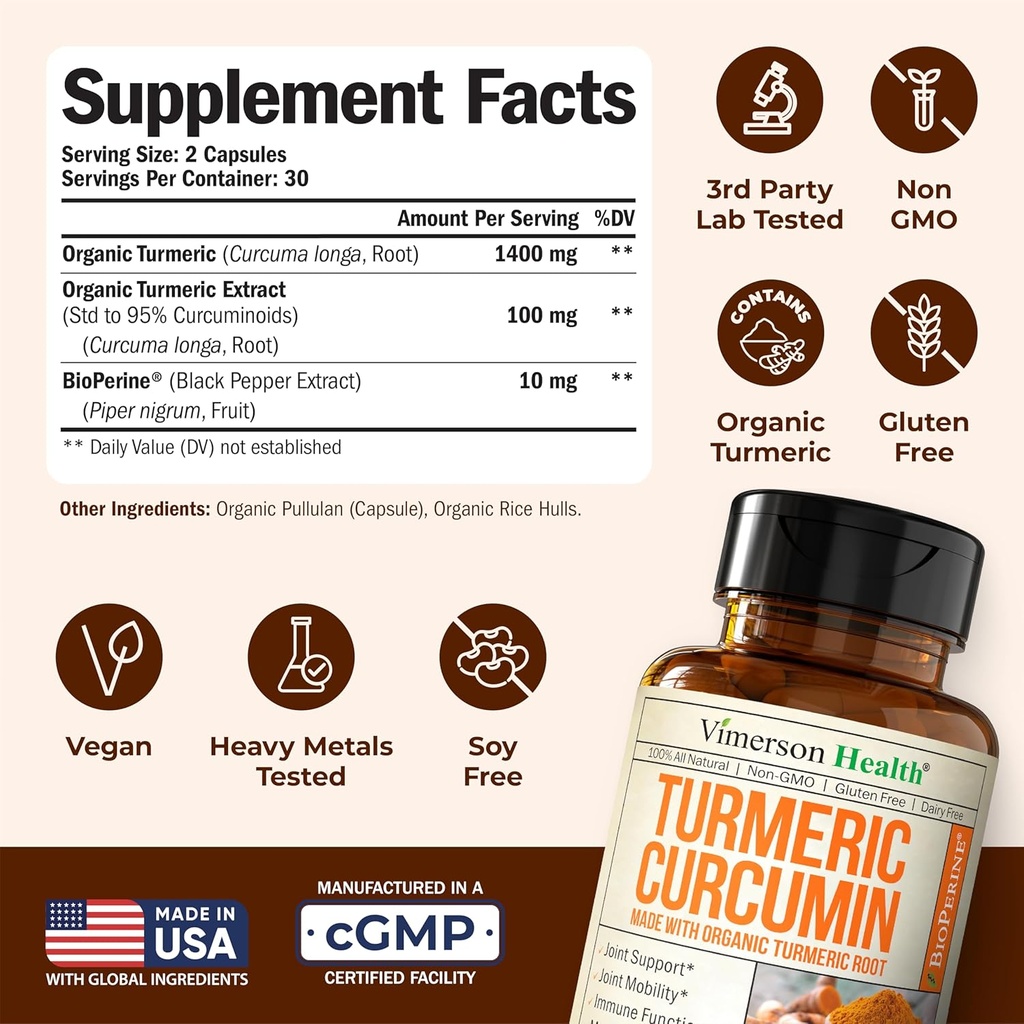 Turmeric Curcumin Supplement with Black Pepper Extract - High Potency Organic Turmeric 1400mg & 95% Curcuminoids for Joint & Digestive Health - Joint Support Supplement - 60 Vegan Curcuma Capsules 4
