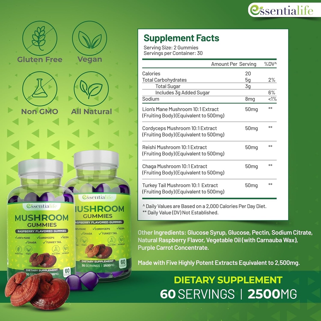 Mushroom Gummies Lions Mane Supplement Mushroom Supplement with Lions Mane, Turkey Tail, Cordyceps, Reishi, Chaga Extract | Brain Health and Immune Support Gummies, 120 Count 3