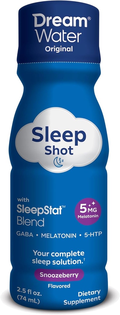 Dream Water Natural Sleep Aid, GABA, MELATONIN, 5-HTP, 2.5oz Shot, Snoozeberry, 24 Count Economy Value Pack 5