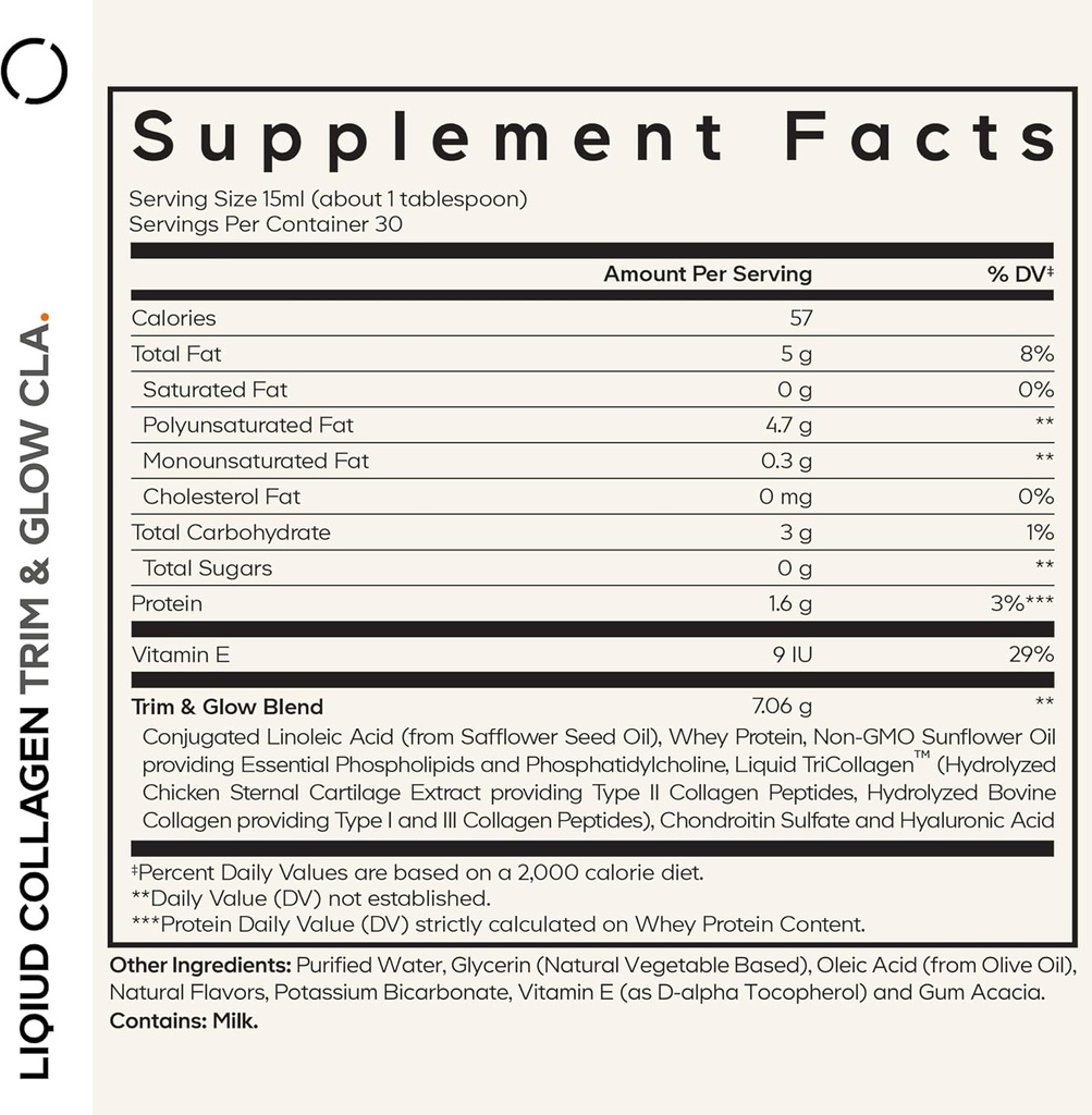 Codeage Liquid Collagen Supplement Vanilla Flavor, Beauty Trim & Glow Liposomal Collagen Peptides, CLA Conjugated Linoleic Acid, Hyaluronic Acid, Vitamin E, Hydrolyzed, Non-GMO, 15.22 fl oz 3