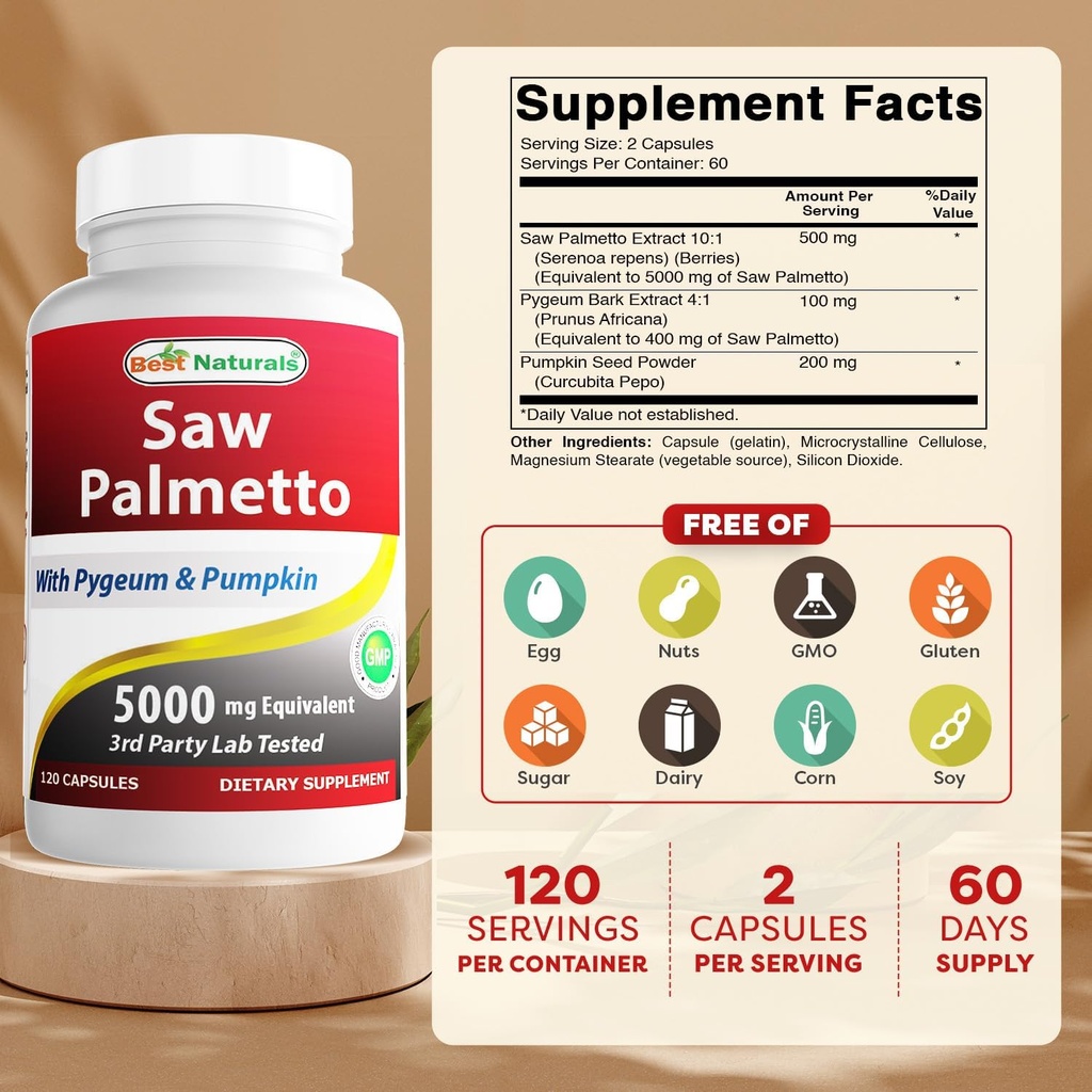 Best Naturals Saw Palmetto 10:1 Extract Prostate Supplements for Men - 120 Capsules - Made with Pygeum Bark 4:1 Extract & Pumpkin Seed Powder 3