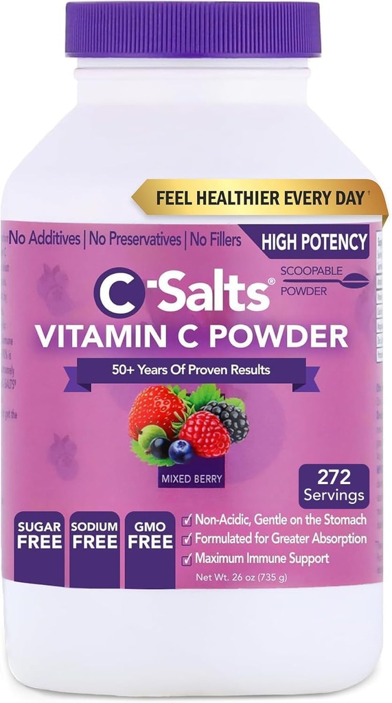 C-Salts Vitamin C Powder Supplement - 100% Pure High Dose Buffered Vitamin C Powder for Immune Support - Organic, Sugar-Free, Vegan, Non-GMO, Stomach-Friendly, Mixed Berry 26oz 2
