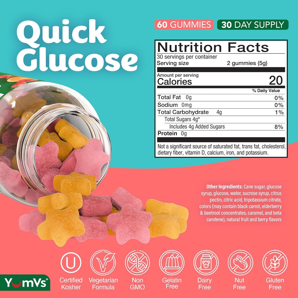 YUM-V'S Glucose Gummies – Fast Acting Glucose Gummy – Great Tasting – Gluten Free, Vegan, Non-GMO – Orange & Berry Natural Flavor – 60 Chewable Gummies for Adults & Kids 4