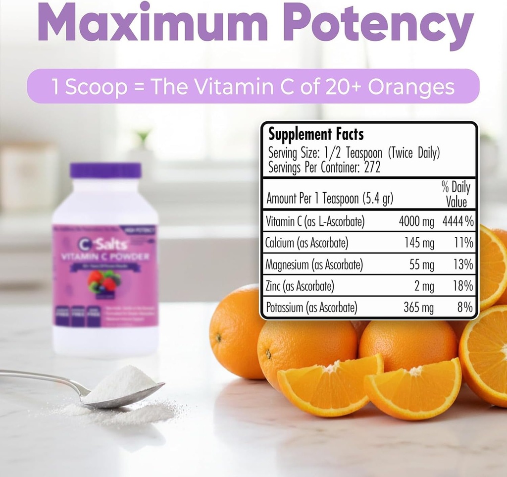 C-Salts Vitamin C Powder Supplement - 100% Pure High Dose Buffered Vitamin C Powder for Immune Support - Organic, Sugar-Free, Vegan, Non-GMO, Stomach-Friendly, Mixed Berry 26oz 4