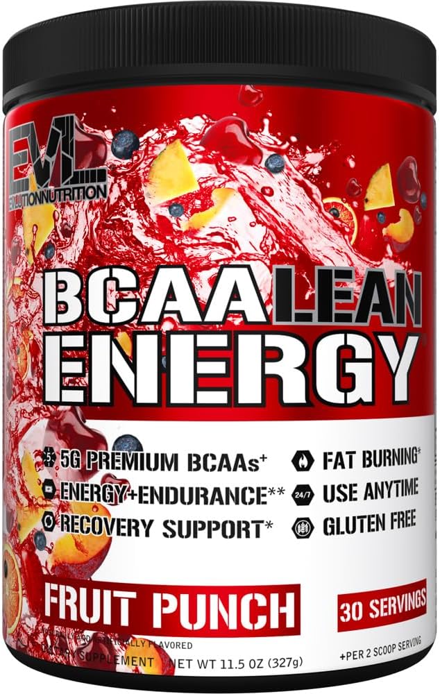 EVL BCAA Lean Energy Powder - Pre Workout Green Tea Fat Burner Support with BCAAs Amino Acids and Clean Energizers - BCAA Powder Post Workout Recovery Drink for Lean Muscle Recovery - Fruit Punch 2