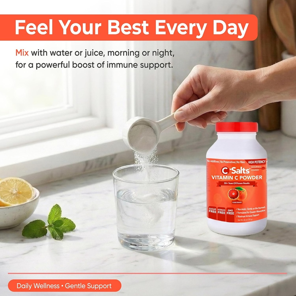 C-Salts Vitamin C Powder Supplement - 100% Pure High Dose Buffered Vitamin C Powder for Immune Support - Organic, Sugar-Free, Vegan, Non-GMO, Stomach-Friendly, Blood Orange 26oz 5