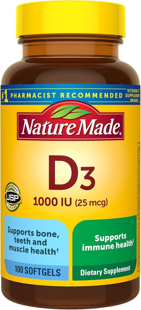 Nature Made Vitamin D3 1000 IU (25 mcg), Vitamin D Supplement for Bone, Teeth, Muscle and Immune Health Support, 100 Softgels, 100 Day Supply 2