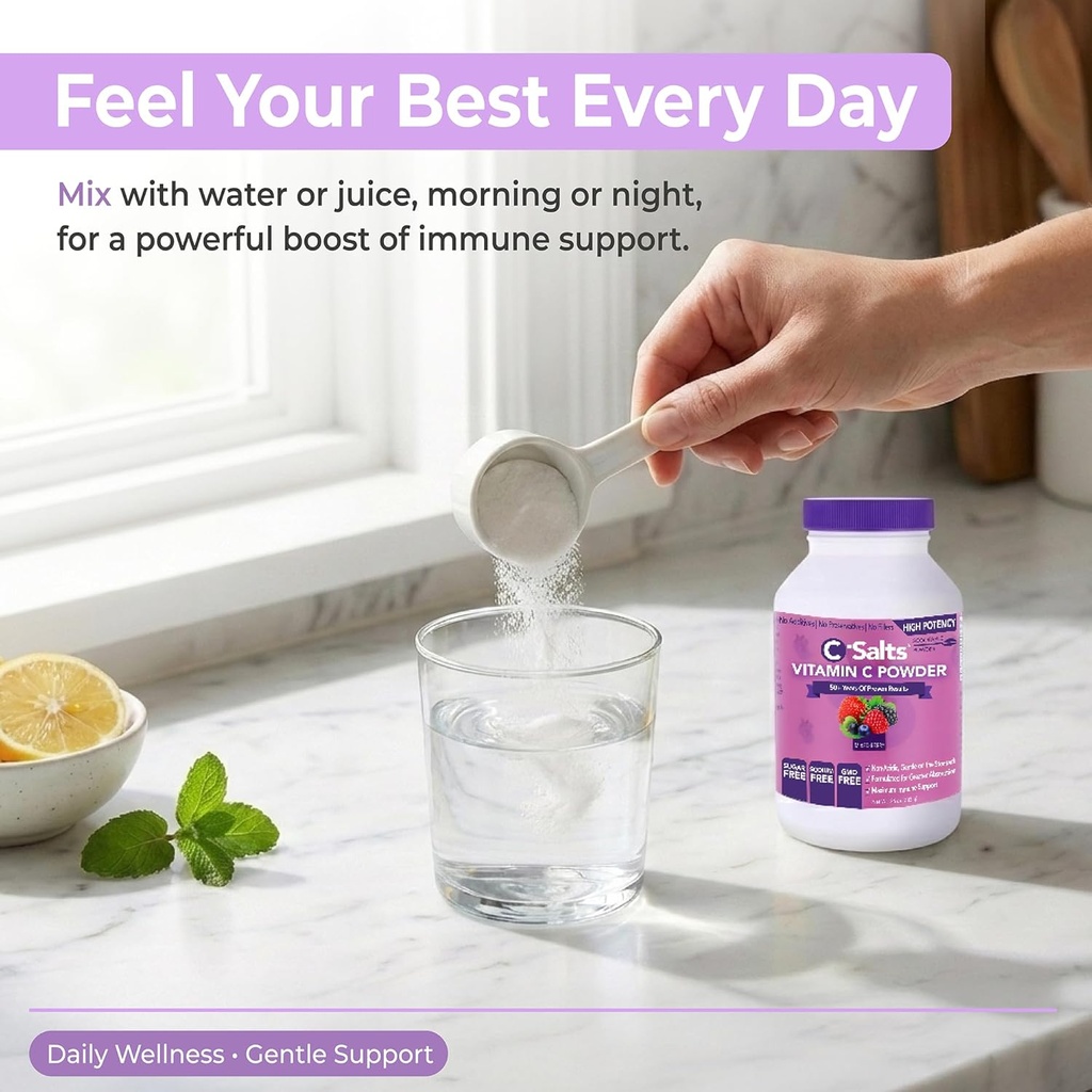 C-Salts Vitamin C Powder Supplement - 100% Pure High Dose Buffered Vitamin C Powder for Immune Support - Organic, Sugar-Free, Vegan, Non-GMO, Stomach-Friendly, Mixed Berry 26oz 5