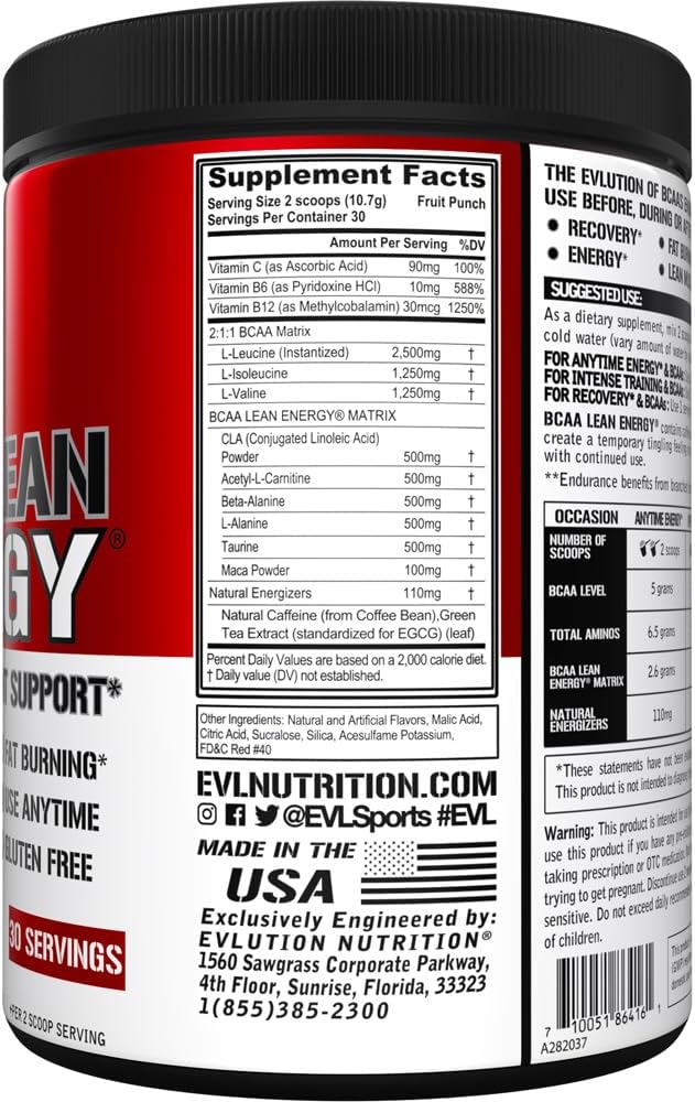 EVL BCAA Lean Energy Powder - Pre Workout Green Tea Fat Burner Support with BCAAs Amino Acids and Clean Energizers - BCAA Powder Post Workout Recovery Drink for Lean Muscle Recovery - Fruit Punch 3