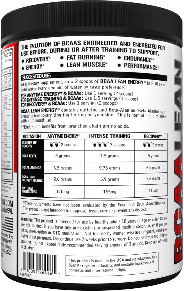 EVL BCAA Lean Energy Powder - Pre Workout Green Tea Fat Burner Support with BCAAs Amino Acids and Clean Energizers - BCAA Powder Post Workout Recovery Drink for Lean Muscle Recovery - Fruit Punch 4