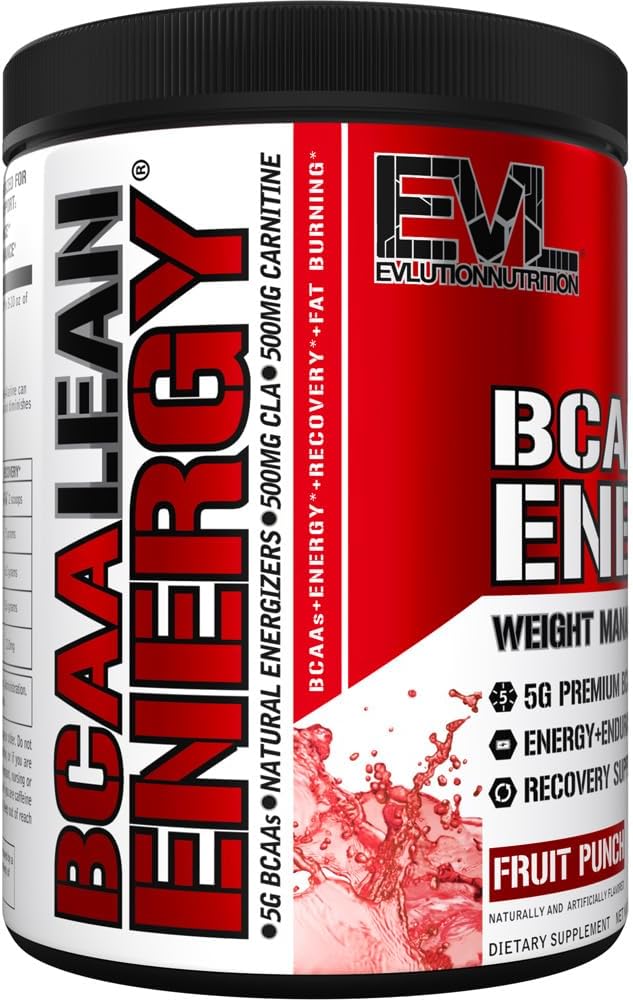EVL BCAA Lean Energy Powder - Pre Workout Green Tea Fat Burner Support with BCAAs Amino Acids and Clean Energizers - BCAA Powder Post Workout Recovery Drink for Lean Muscle Recovery - Fruit Punch 5