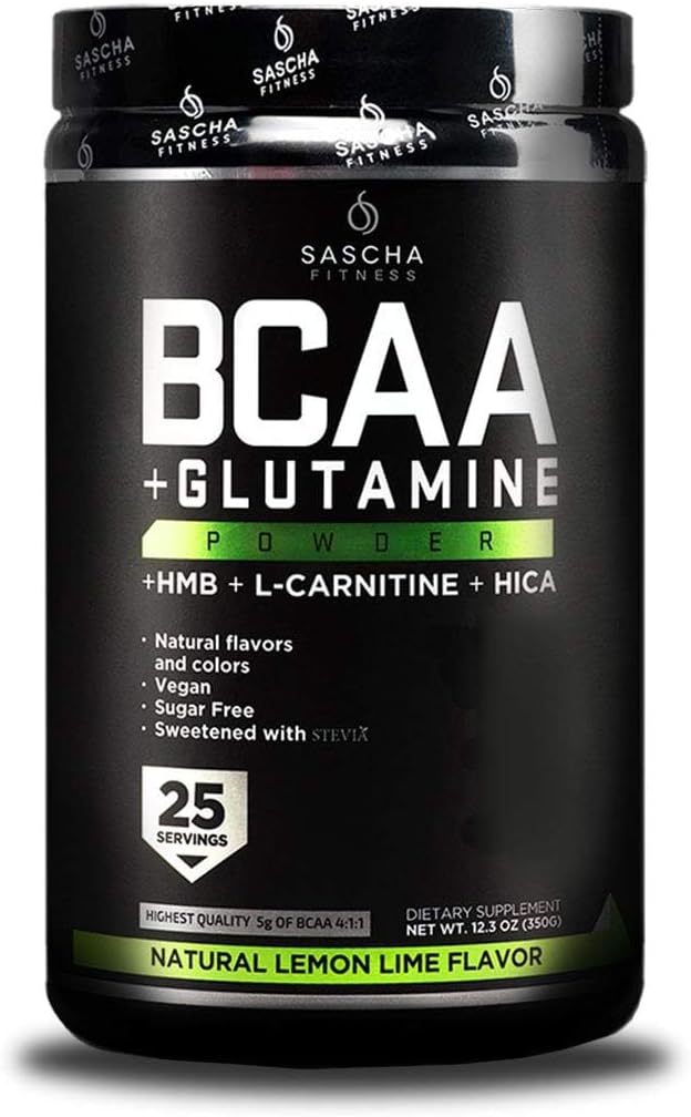 SASCHA FITNESS BCAA 4:1:1 + Glutamine,HMB,L-Carnitine,HICA | Powerful and Instant Powder Blend with Branched Chain Amino Acids (BCAAs) for Pre, Intra and Post-Workout |Natural Lemon Lime Flavor,362.5g 2