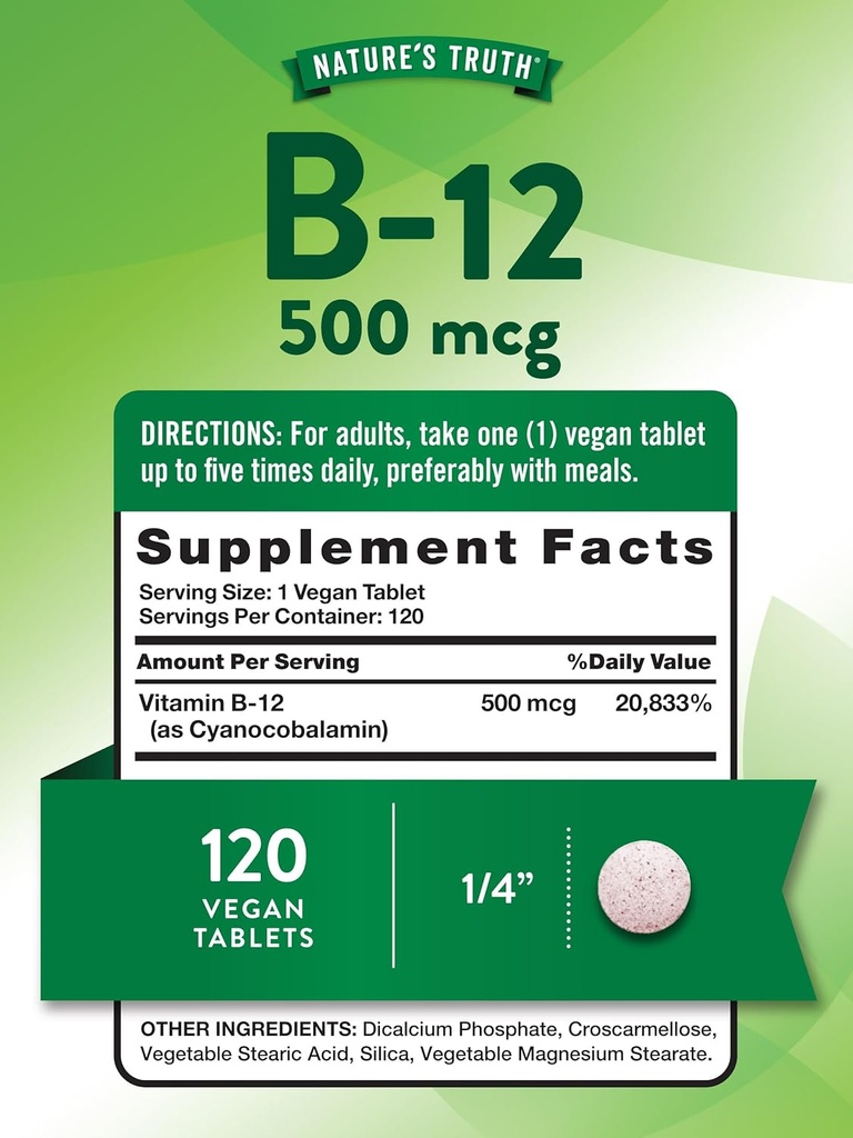 Nature's Truth B12 Vitamin | 500 mcg | 120 Tablets | Vegan, Non-GMO & Gluten Free Supplement 3