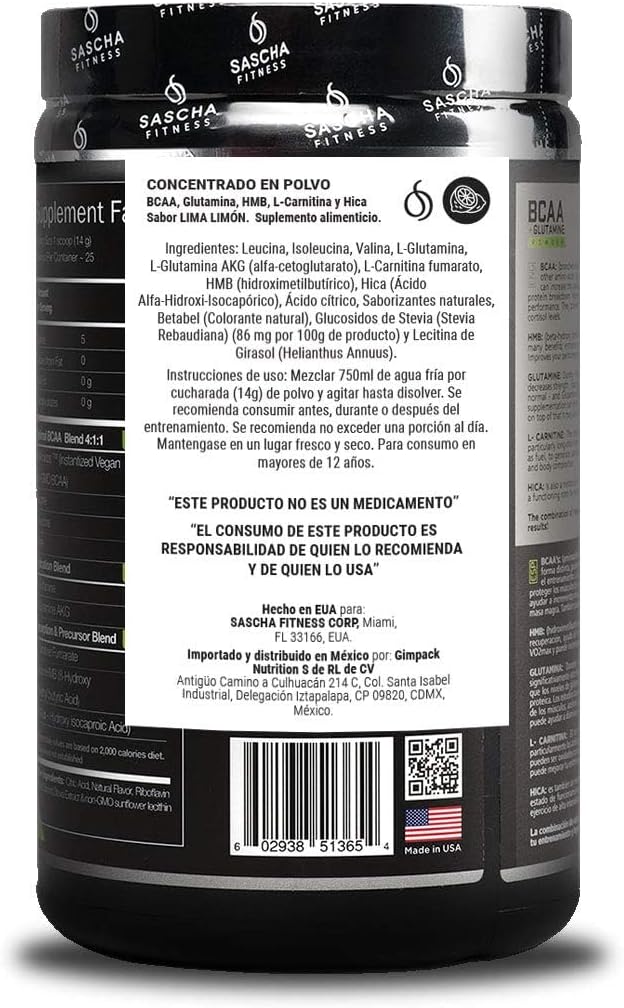 SASCHA FITNESS BCAA 4:1:1 + Glutamine,HMB,L-Carnitine,HICA | Powerful and Instant Powder Blend with Branched Chain Amino Acids (BCAAs) for Pre, Intra and Post-Workout |Natural Lemon Lime Flavor,362.5g 4