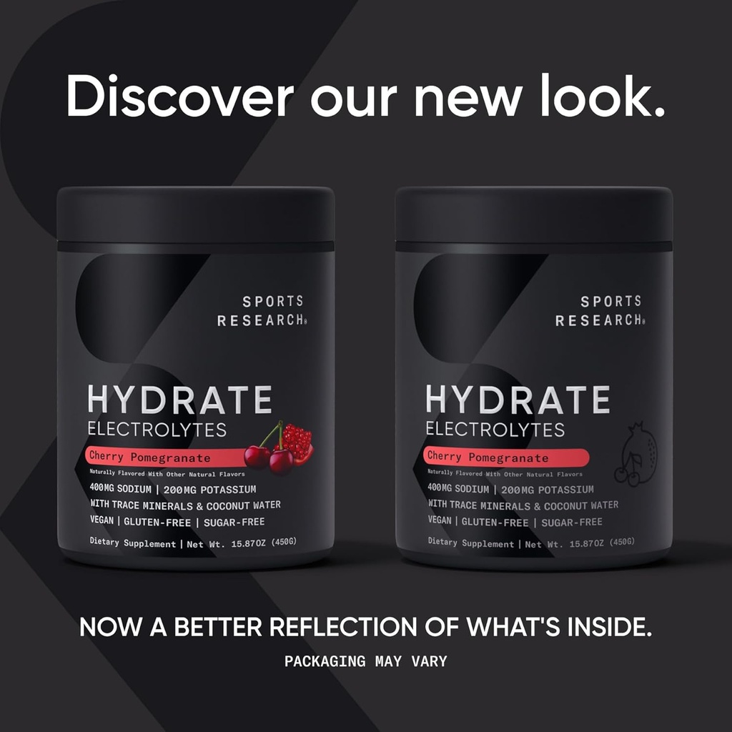 Sports Research® Hydrate Electrolytes Powder - Sugar-Free & Naturally Flavored with Vitamins, Minerals, and Coconut Water - Supports Hydration - Cherry Pomegranate - 90 Servings 3